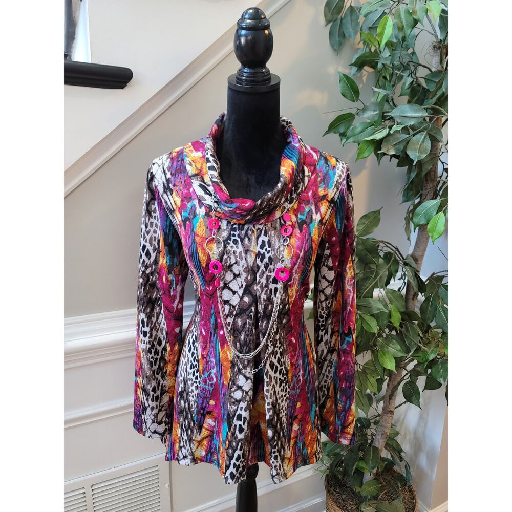 New Directions Blouse Women's Large Multicolor Cowl Neck Polyester Long Sleeves